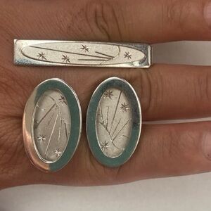 Cufflinks and Tie Bar Set 1950s Sterling Silver Tie Clasp Cuff Links Stars